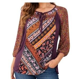 Fig and Flower Women Purple Medium Blouse Mixed Print‎ Boho 3/4 Sleeve Excellent